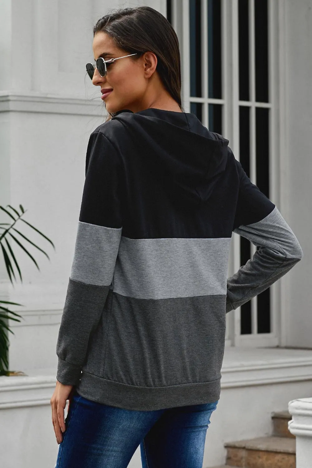 Black Color Block Zipped Neck Hoodie