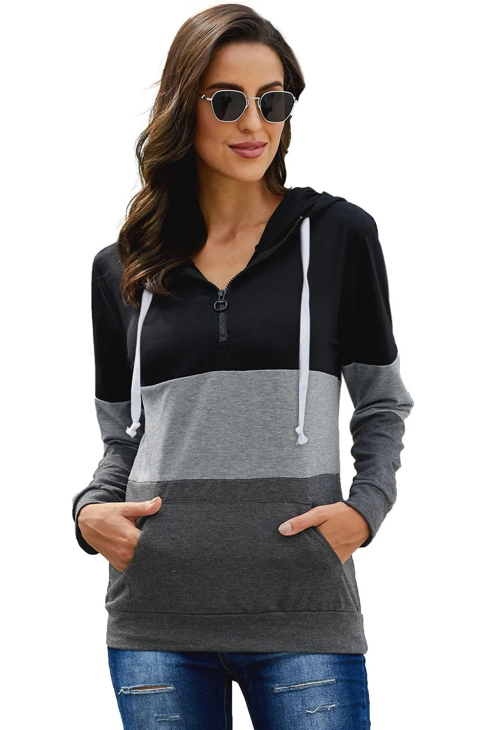 Black Color Block Zipped Neck Hoodie