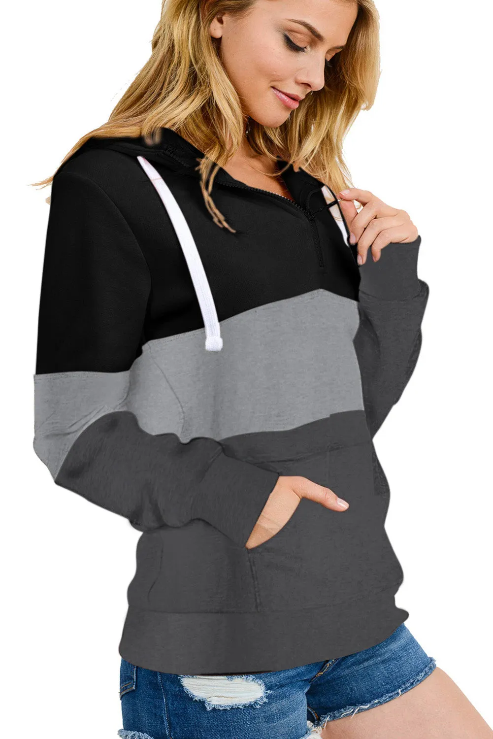 Black Color Block Zipped Neck Hoodie