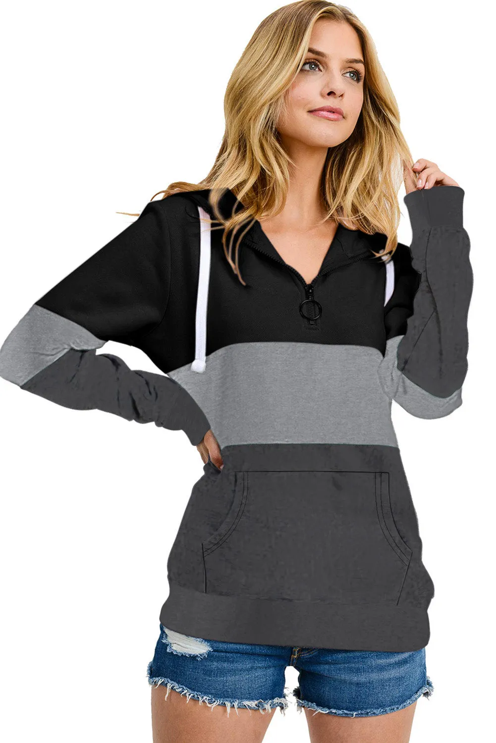 Black Color Block Zipped Neck Hoodie