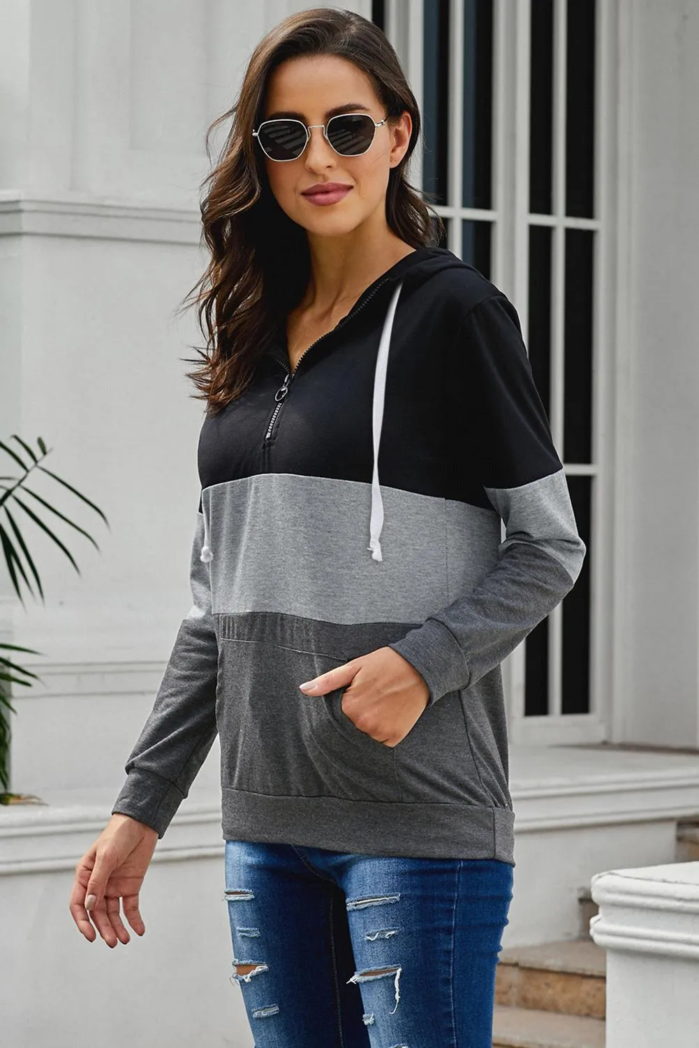 Black Color Block Zipped Neck Hoodie