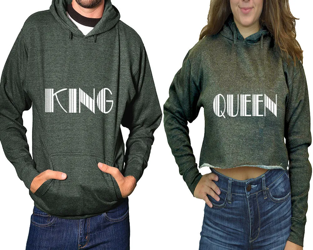 King Queen Couple Matching Pullover Hoodie for Man, Crop Top Hoodie for Woman