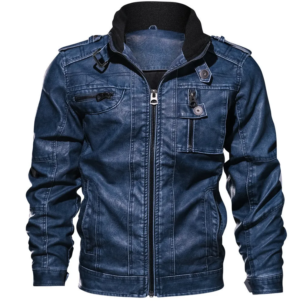 MEN'S STANDING COLLAR WASHED FADED LEATHER JACKET