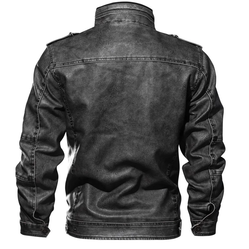 MEN'S STANDING COLLAR WASHED FADED LEATHER JACKET