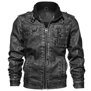 MEN'S STANDING COLLAR WASHED FADED LEATHER JACKET