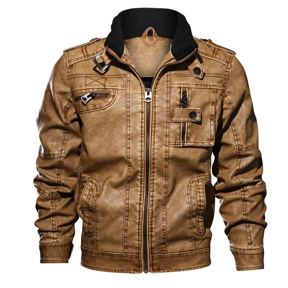 MEN'S STANDING COLLAR WASHED FADED LEATHER JACKET